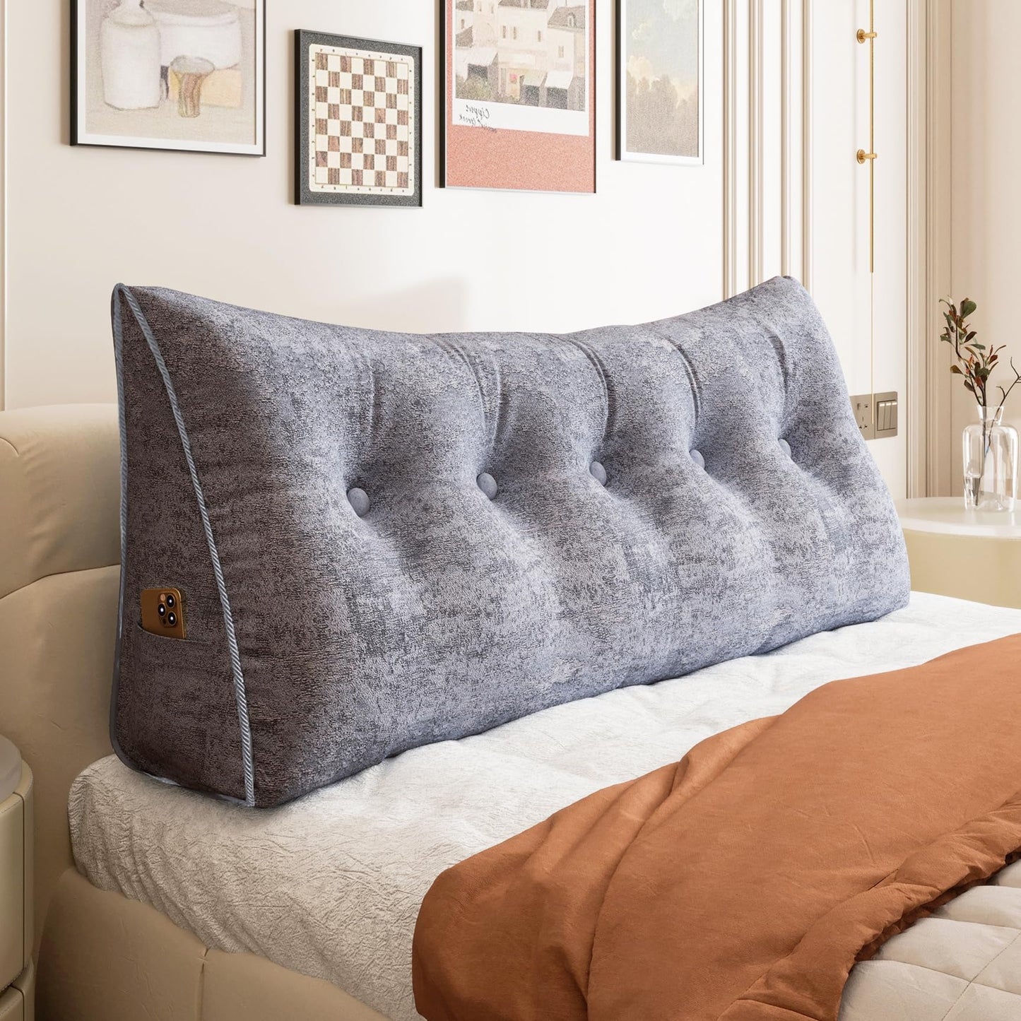 Melhany Queen Size Wedge Headboard Pillow with Side Pockets, Velvet Back Support Reading Pillow with Removable Washable Cover