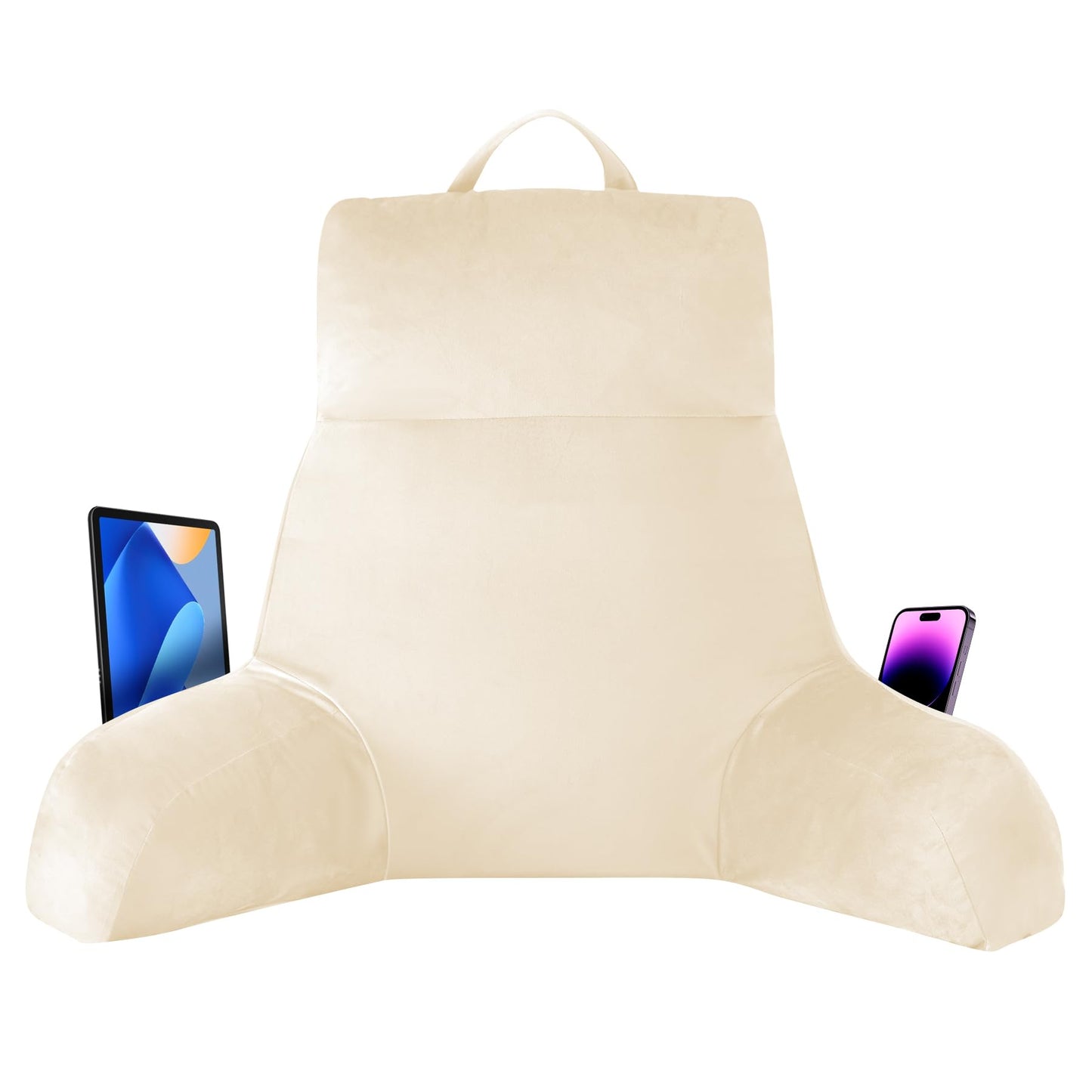 Melhany 18-Inch Shredded Memory Foam Reading Pillow with Arms, Velvet Bed Rest Back Support Pillow with Side Pocket