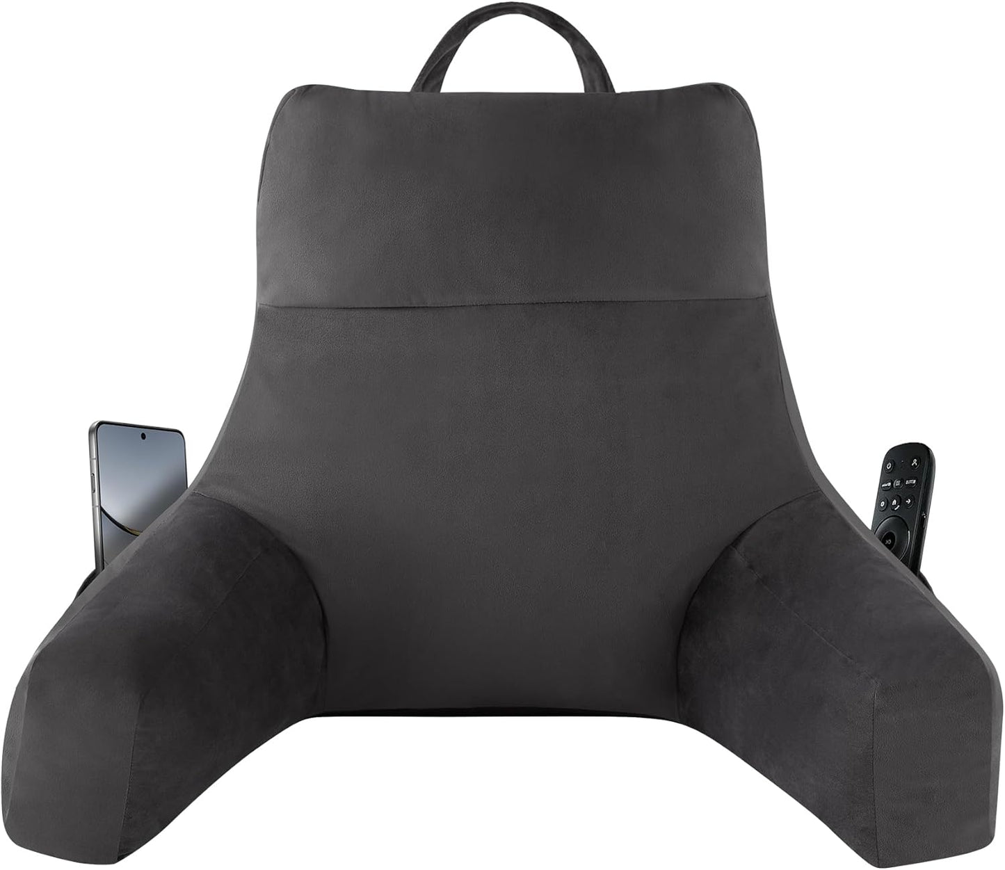 Melhany 18-Inch Shredded Memory Foam Reading Pillow with Arms, Velvet Bed Rest Back Support Pillow with Side Pocket