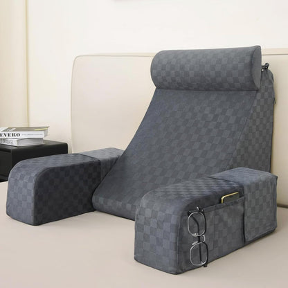 Melhany 19-Inch Wedge Reading Pillow with Removable Arms, Bed Rest Back Support Pillow with Side Pockets