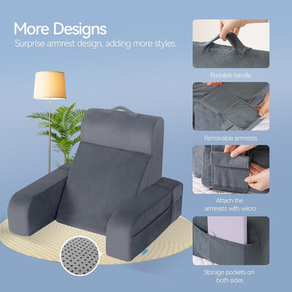 Melhany Adjustable Reading Pillow with Convertible Backrest, Memory Foam Bed Rest Pillow with Removable Arms and Side Pockets