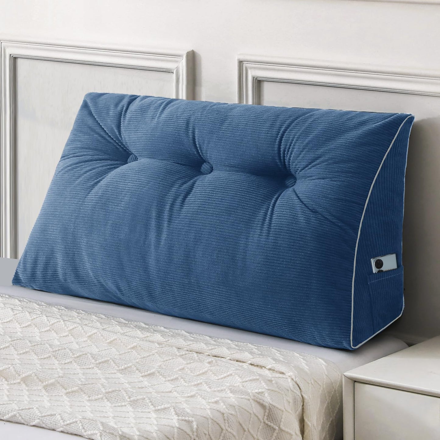 Melhany Queen Size Wedge Headboard Pillow Set with 2 Bolster Pillows, Velvet Back Support Reading Pillow with Removable Washable Cover
