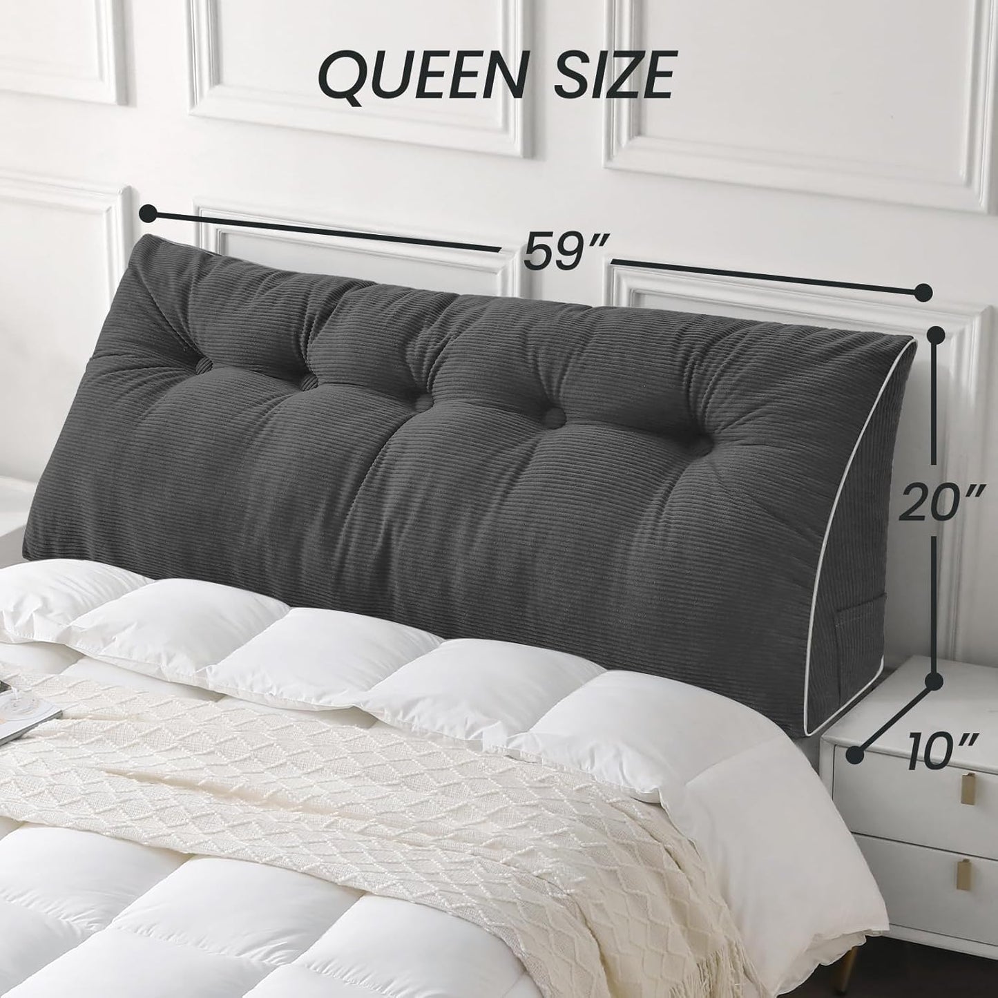 Melhany Queen Size Wedge Headboard Pillow Set with 2 Bolster Pillows, Velvet Back Support Reading Pillow with Removable Washable Cover