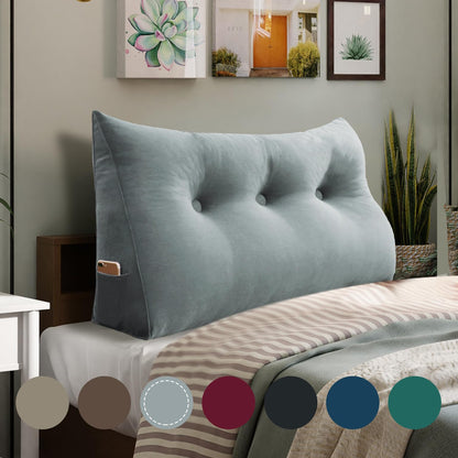 Melhany Queen Size Wedge Headboard Pillow with Side Pockets, Velvet Back Support Reading Pillow with Removable Washable Cover