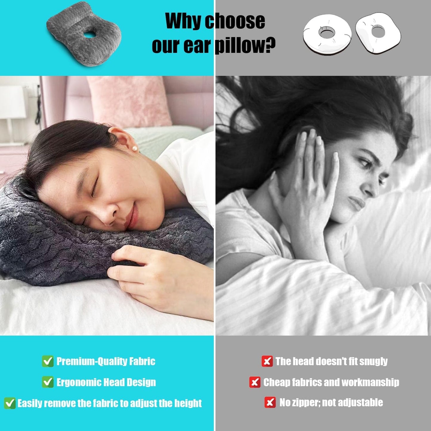 Ear Piercing Pillow for Side Sleepers with Holes for Ear Pain Relief