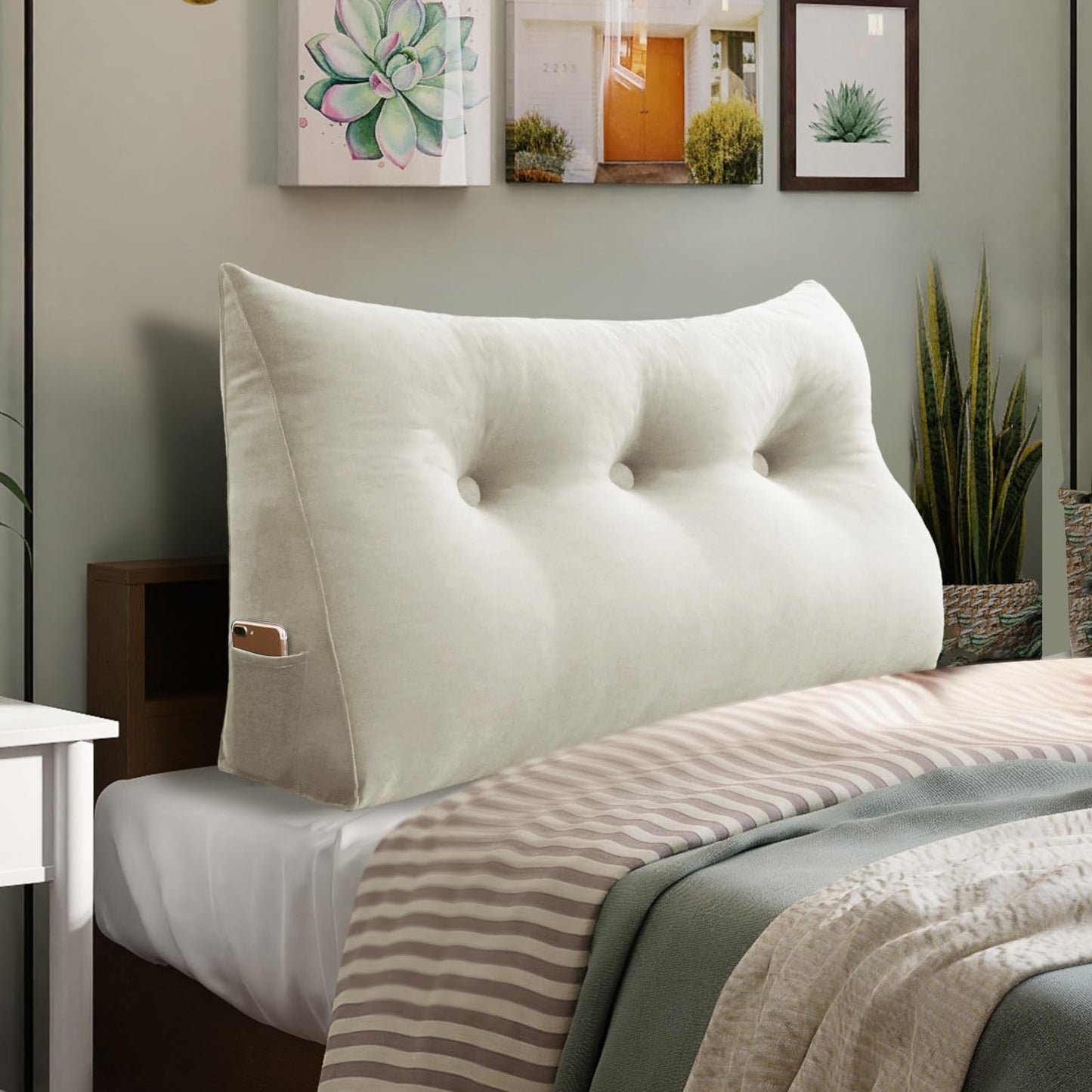 Melhany Queen Size Wedge Headboard Pillow with Side Pockets, Velvet Back Support Reading Pillow with Removable Washable Cover