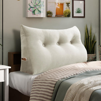 Melhany Queen Size Wedge Headboard Pillow with Side Pockets, Velvet Back Support Reading Pillow with Removable Washable Cover