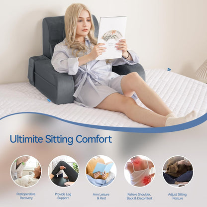 Melhany Adjustable Reading Pillow with Convertible Backrest, Memory Foam Bed Rest Pillow with Removable Arms and Side Pockets