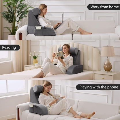 Melhany Medium Foam Reading Pillow with Detachable Arms and Headrest, Bed Rest Back Support Pillow with Side Pockets