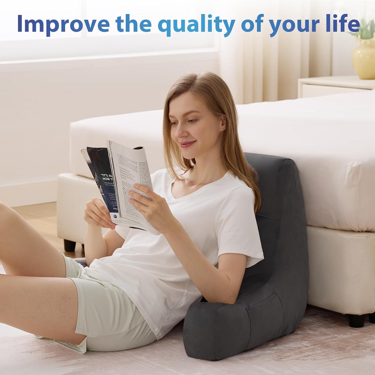 Melhany 18-Inch Shredded Memory Foam Reading Pillow with Arms, Velvet Bed Rest Back Support Pillow with Side Pocket