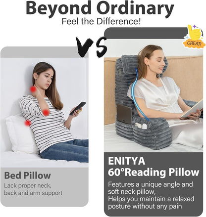 Melhany 60-Degree Wedge Reading Pillow with Faux Fur Cover, Side Pockets and Portable Handle, XL Bed Rest Back Support Pillow
