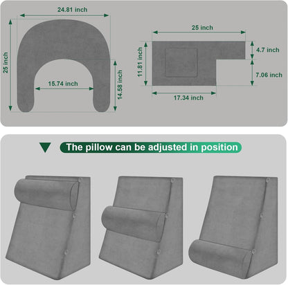 Melhany Adjustable 3-Piece Reading Wedge Pillow Set with Laptop Tray, Modular Bed Rest Support System with Side Pockets