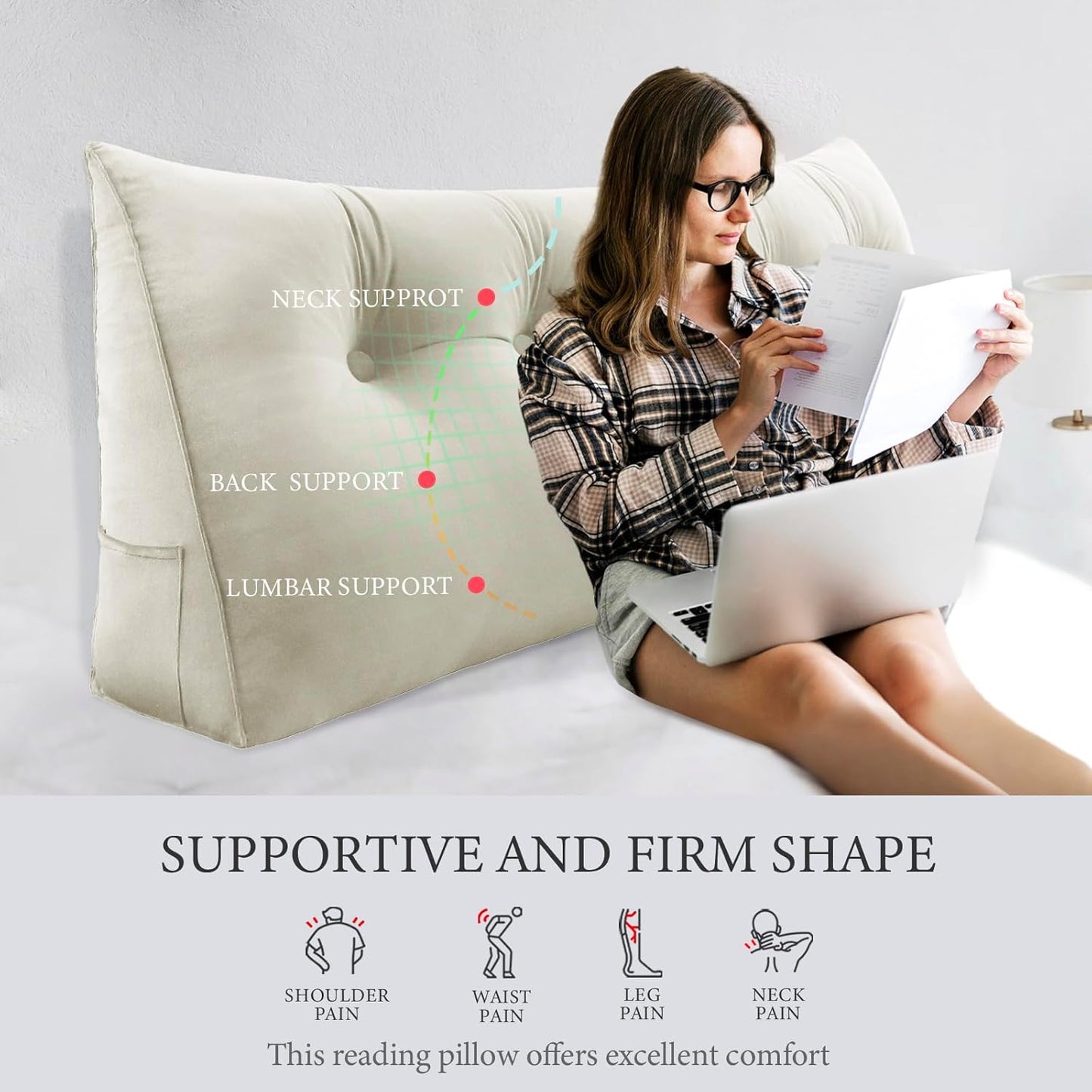 Melhany Queen Size Wedge Headboard Pillow with Side Pockets, Velvet Back Support Reading Pillow with Removable Washable Cover