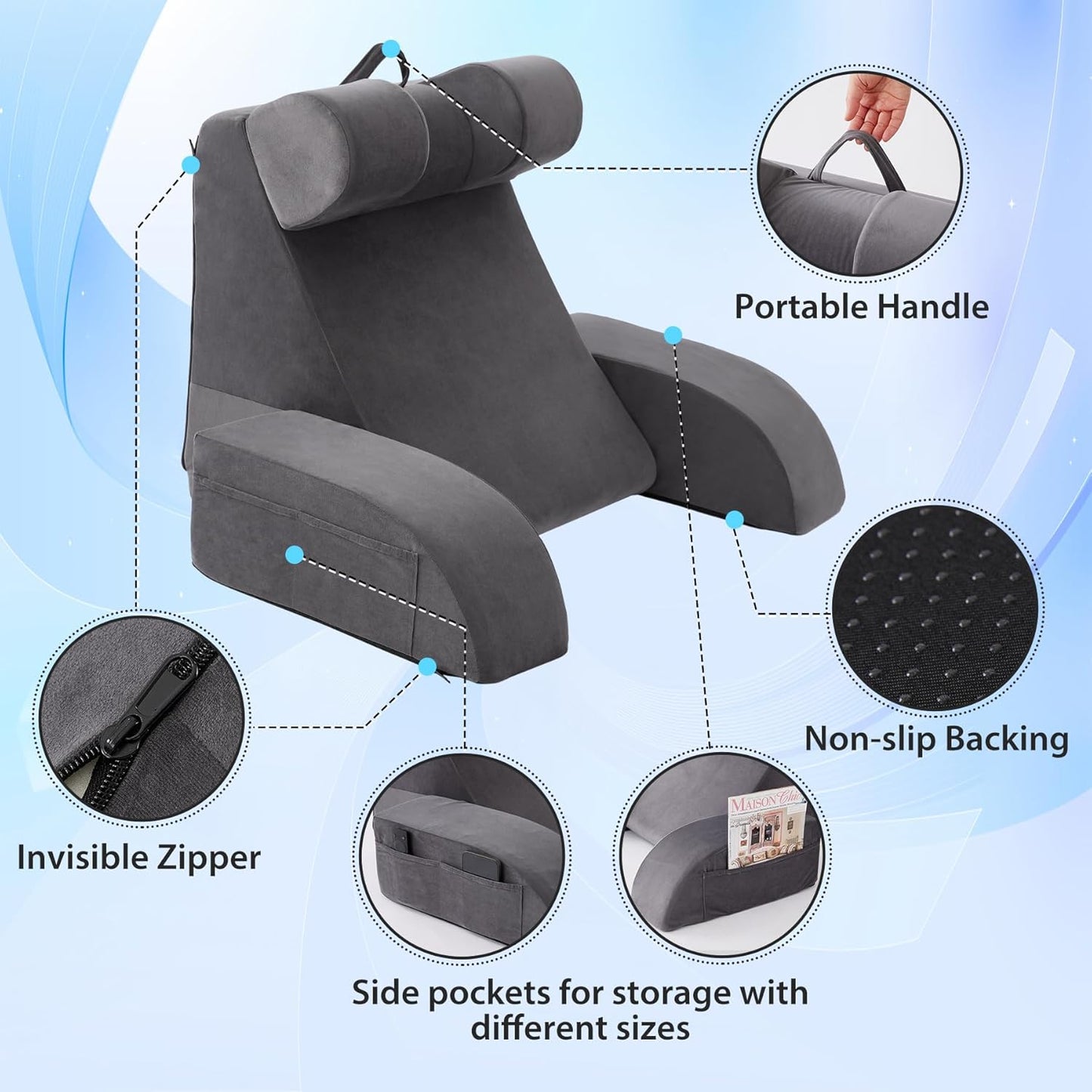 Melhany Medium Foam Reading Pillow with Detachable Arms and Headrest, Bed Rest Back Support Pillow with Side Pockets