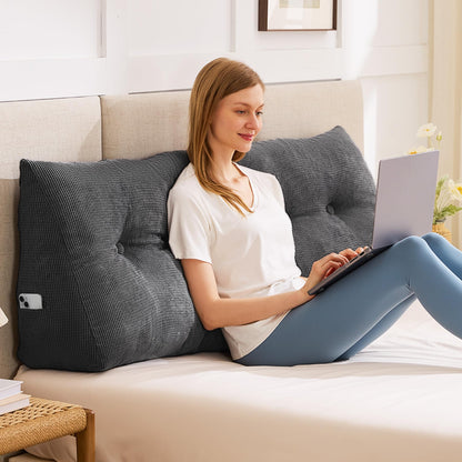 Melhany Queen Size Wedge Headboard Pillow with Side Pockets, Tufted Back Support Reading Pillow with Removable Washable Cover