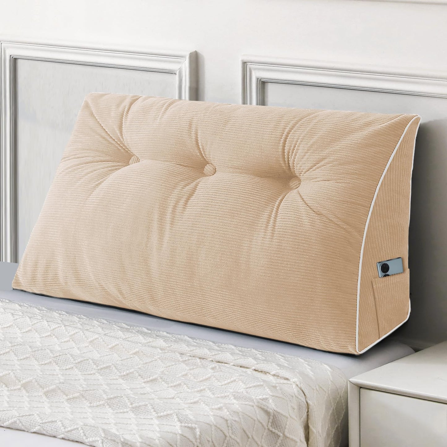 Melhany Queen Size Wedge Headboard Pillow Set with 2 Bolster Pillows, Velvet Back Support Reading Pillow with Removable Washable Cover