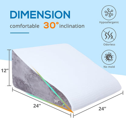 Melhany 24-Inch Memory Foam Bed Wedge Pillow with 30-Degree Incline, Ergonomic Back and Leg Support Pillow with Washable Cover