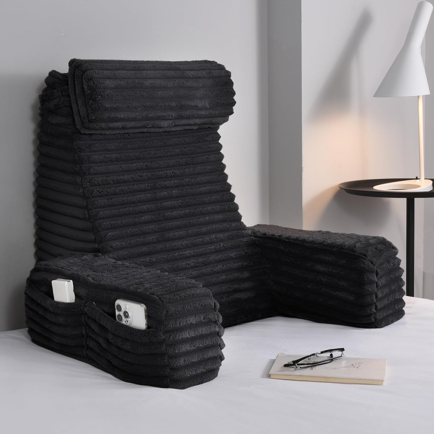 Melhany 60-Degree Wedge Reading Pillow with Faux Fur Cover, Side Pockets and Portable Handle, XL Bed Rest Back Support Pillow