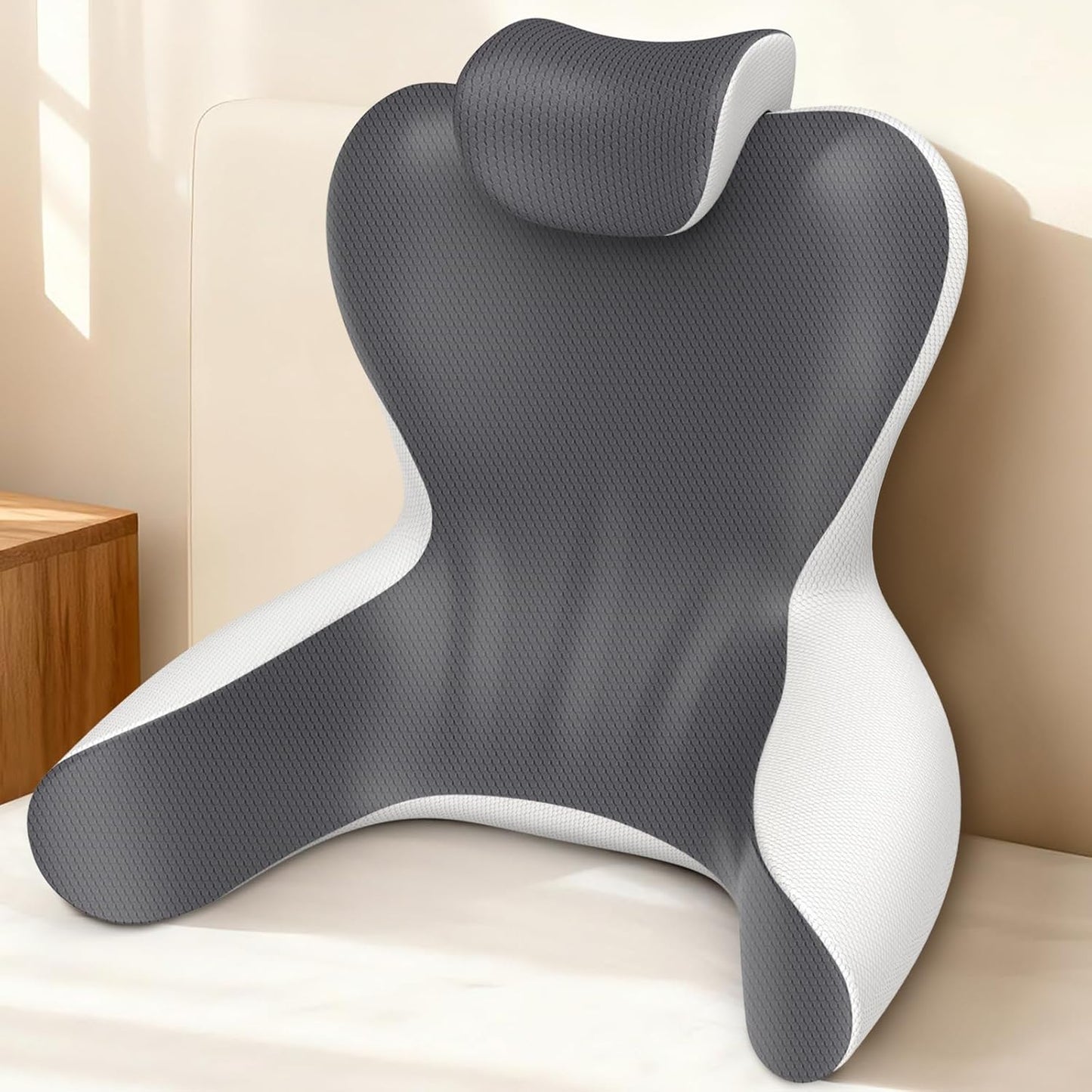 Melhany Queen Size Memory Foam Reading Pillow with Detachable Neck Roll, Bed Rest Back Support Pillow with Arms, Grey & White
