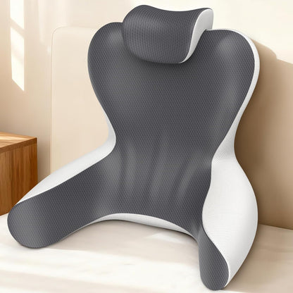 Melhany Queen Size Memory Foam Reading Pillow with Detachable Neck Roll, Bed Rest Back Support Pillow with Arms, Grey & White