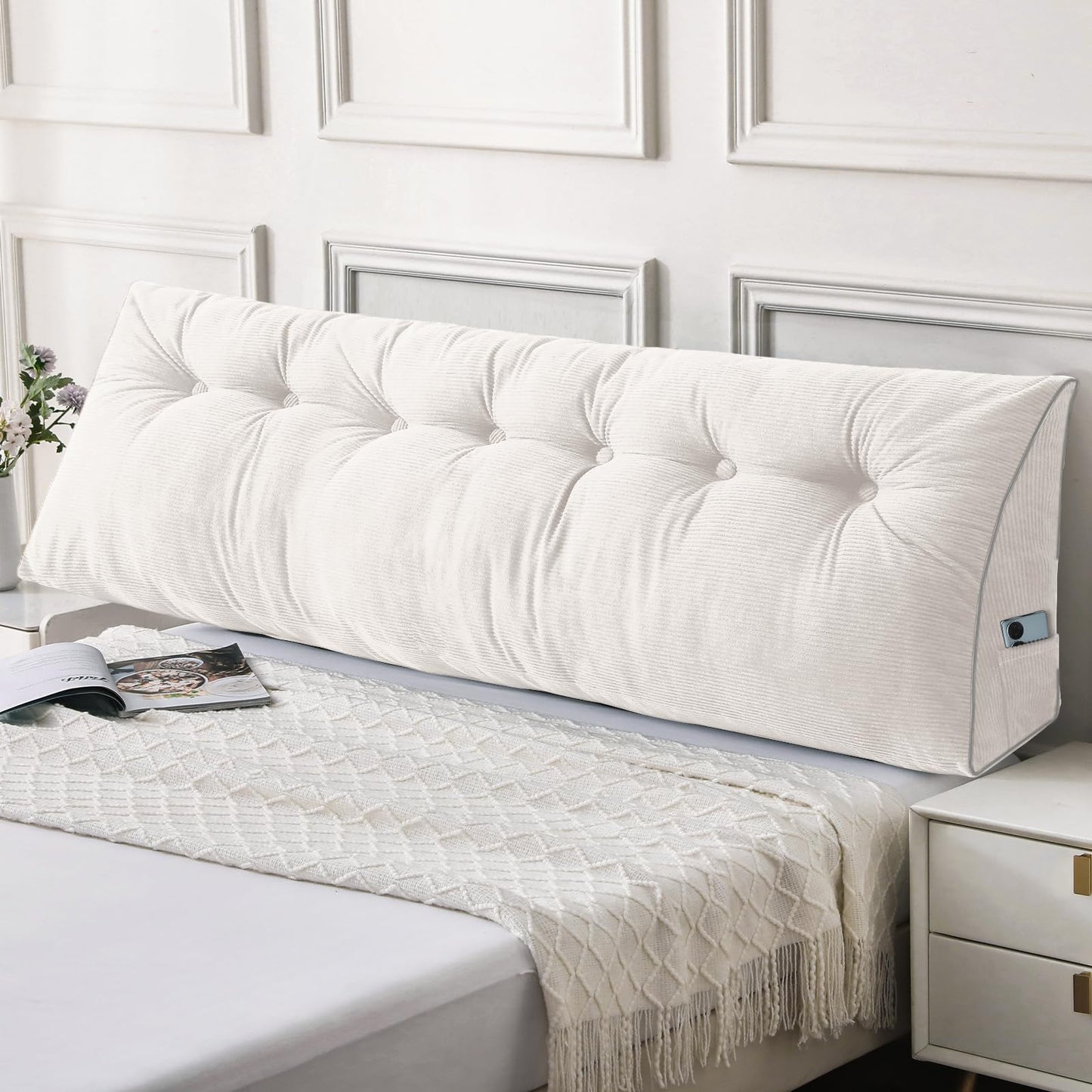 Melhany Queen Size Wedge Headboard Pillow Set with 2 Bolster Pillows, Velvet Back Support Reading Pillow with Removable Washable Cover