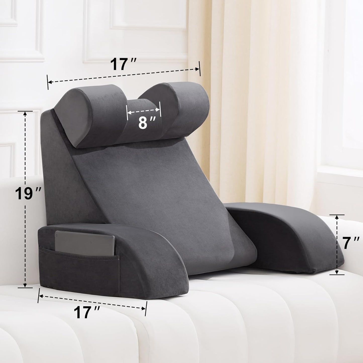 Melhany Medium Foam Reading Pillow with Detachable Arms and Headrest, Bed Rest Back Support Pillow with Side Pockets