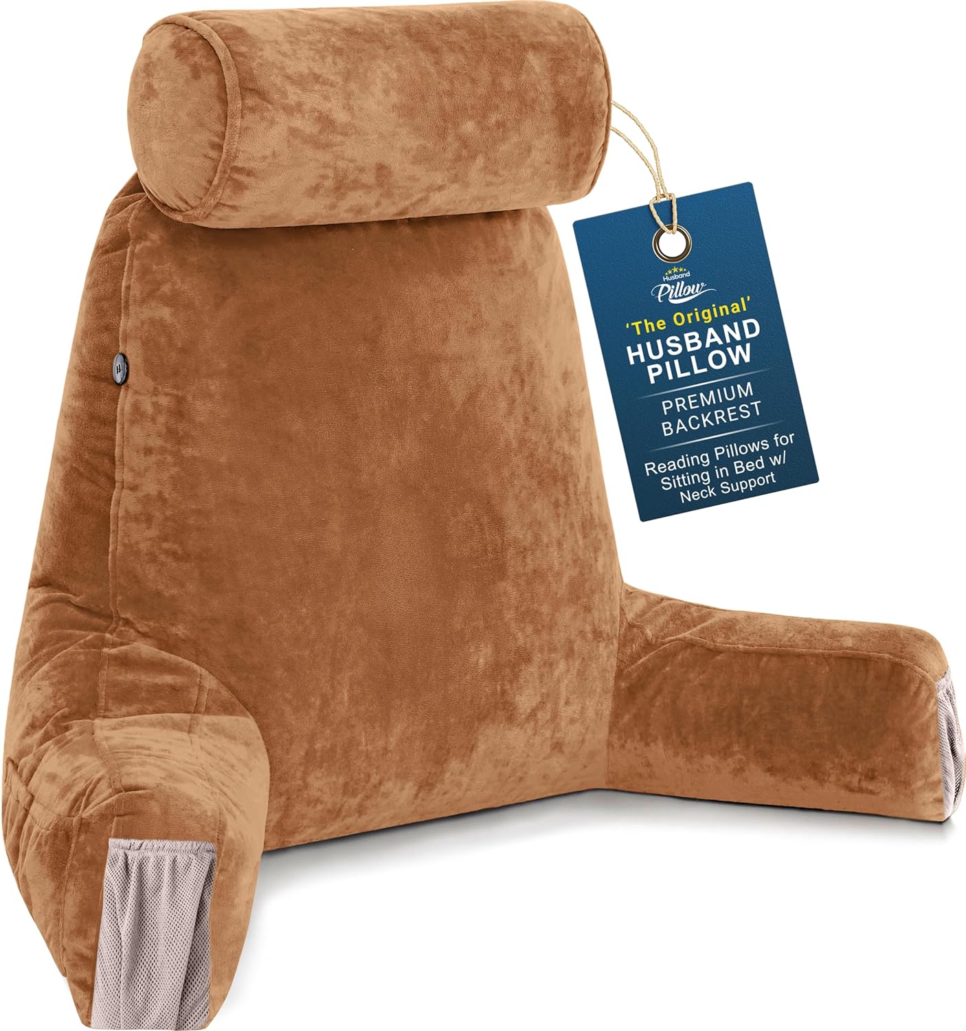 Husband Pillow Medium Reading Pillow with Arms - 23" Backrest for Sitting Up in Bed - Firm Support Bed Rest Pillow for Adults, Neck Roll, Removable Cover - TV, Reading, Lounging - Black