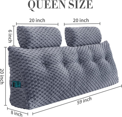 Melhany Queen Size Wedge Headboard Pillow Set with 2 Roll Pillows, Velvet Back Support Reading Pillow with Removable Washable Cover