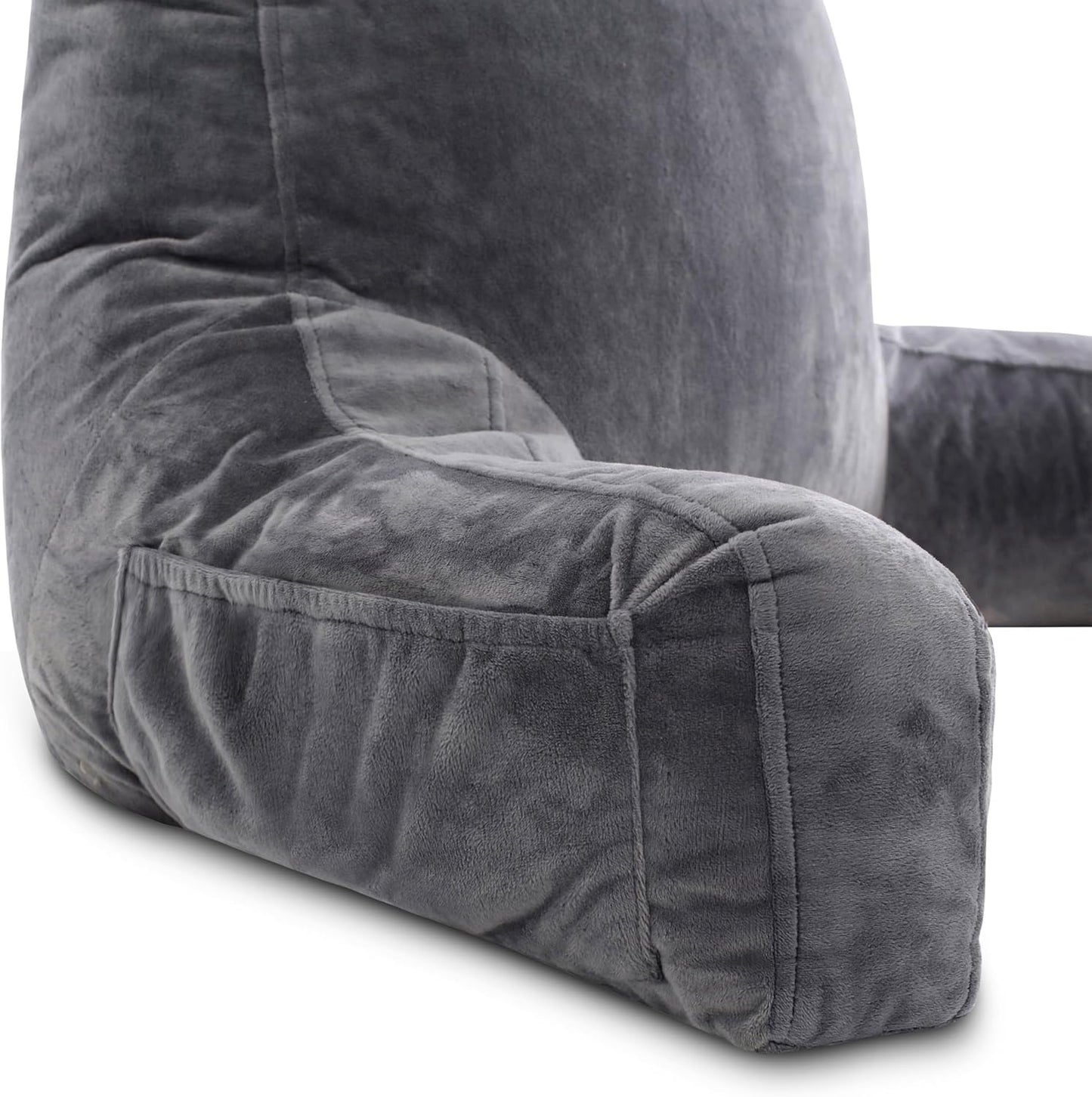Melhany XX-Large Reading Pillow with Arms and Neck Roll, Shredded Memory Foam Bed Rest Pillow with Removable Cover and Side Pockets, Grey