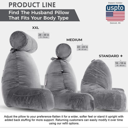 Melhany XX-Large Reading Pillow with Arms and Neck Roll, Shredded Memory Foam Bed Rest Pillow with Removable Cover and Side Pockets, Grey