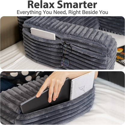 Melhany 60-Degree Wedge Reading Pillow with Faux Fur Cover, Side Pockets and Portable Handle, XL Bed Rest Back Support Pillow