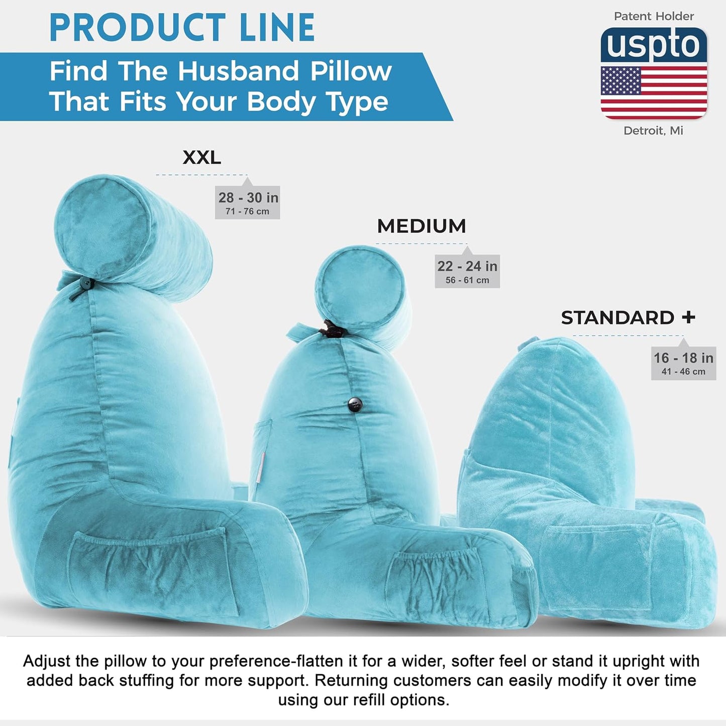 Husband Pillow XXL The Original for Adults - 30" Tall Backrest for Sitting Up in Bed - Firm Support Reading, Bed Rest Pillow for Adult, Neck Roll, Removable Cover - TV - Carolina Blue