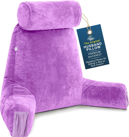 Husband Pillow Medium Reading Pillow with Arms - 23" Backrest for Sitting Up in Bed - Firm Support Bed Rest Pillow for Adults, Neck Roll, Removable Cover - TV, Reading, Lounging - Black