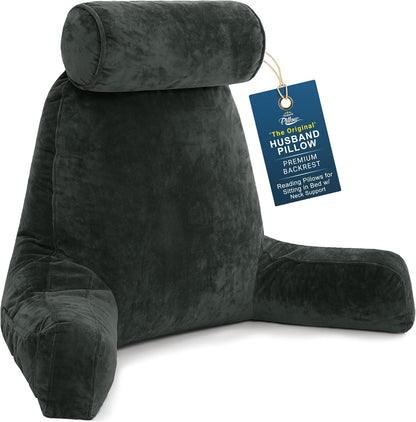 Husband Pillow XXL The Original for Adults - 30" Tall Backrest for Sitting Up in Bed - Firm Support Reading, Bed Rest Pillow for Adult, Neck Roll, Removable Cover - TV - Carolina Blue