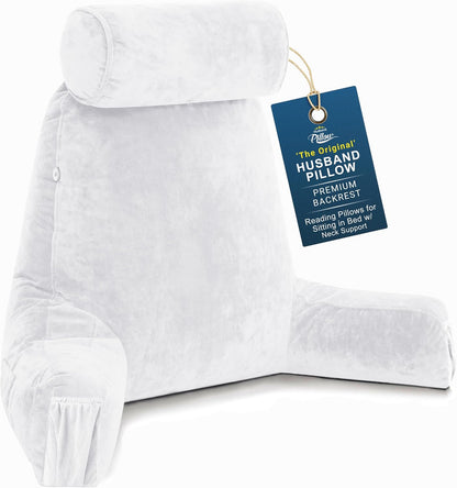 Husband Pillow Medium Reading Pillow with Arms - 23" Backrest for Sitting Up in Bed - Firm Support Bed Rest Pillow for Adults, Neck Roll, Removable Cover - TV, Reading, Lounging - Black