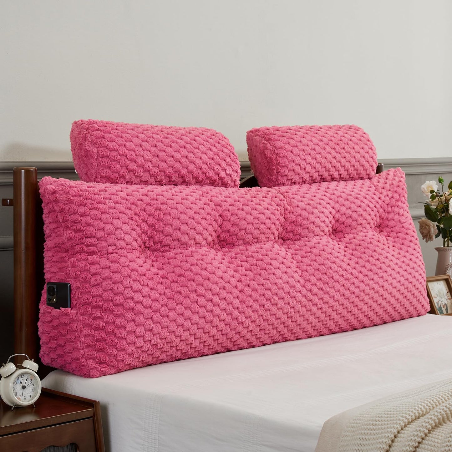 Melhany Queen Size Wedge Headboard Pillow Set with 2 Roll Pillows, Velvet Back Support Reading Pillow with Removable Washable Cover