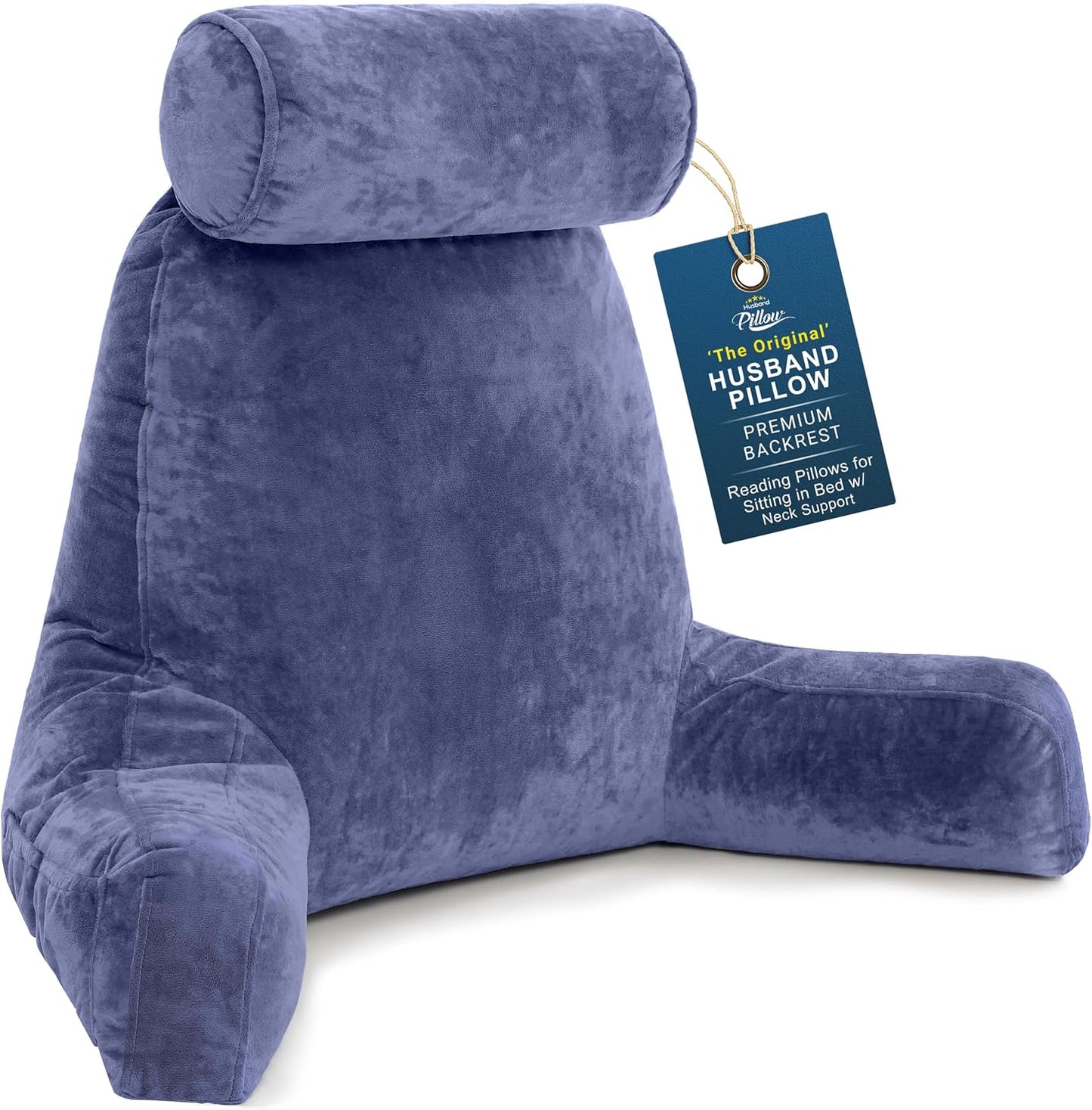 Husband Pillow XXL The Original for Adults - 30" Tall Backrest for Sitting Up in Bed - Firm Support Reading, Bed Rest Pillow for Adult, Neck Roll, Removable Cover - TV - Carolina Blue