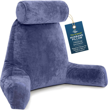 Husband Pillow XXL The Original for Adults - 30" Tall Backrest for Sitting Up in Bed - Firm Support Reading, Bed Rest Pillow for Adult, Neck Roll, Removable Cover - TV - Carolina Blue