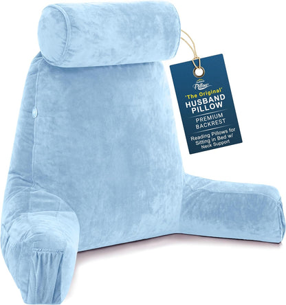 Husband Pillow XXL The Original for Adults - 30" Tall Backrest for Sitting Up in Bed - Firm Support Reading, Bed Rest Pillow for Adult, Neck Roll, Removable Cover - TV - Carolina Blue