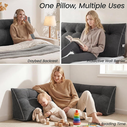 Melhany Queen Size Wedge Headboard Pillow Set with 2 Bolster Pillows, Velvet Back Support Reading Pillow with Removable Washable Cover