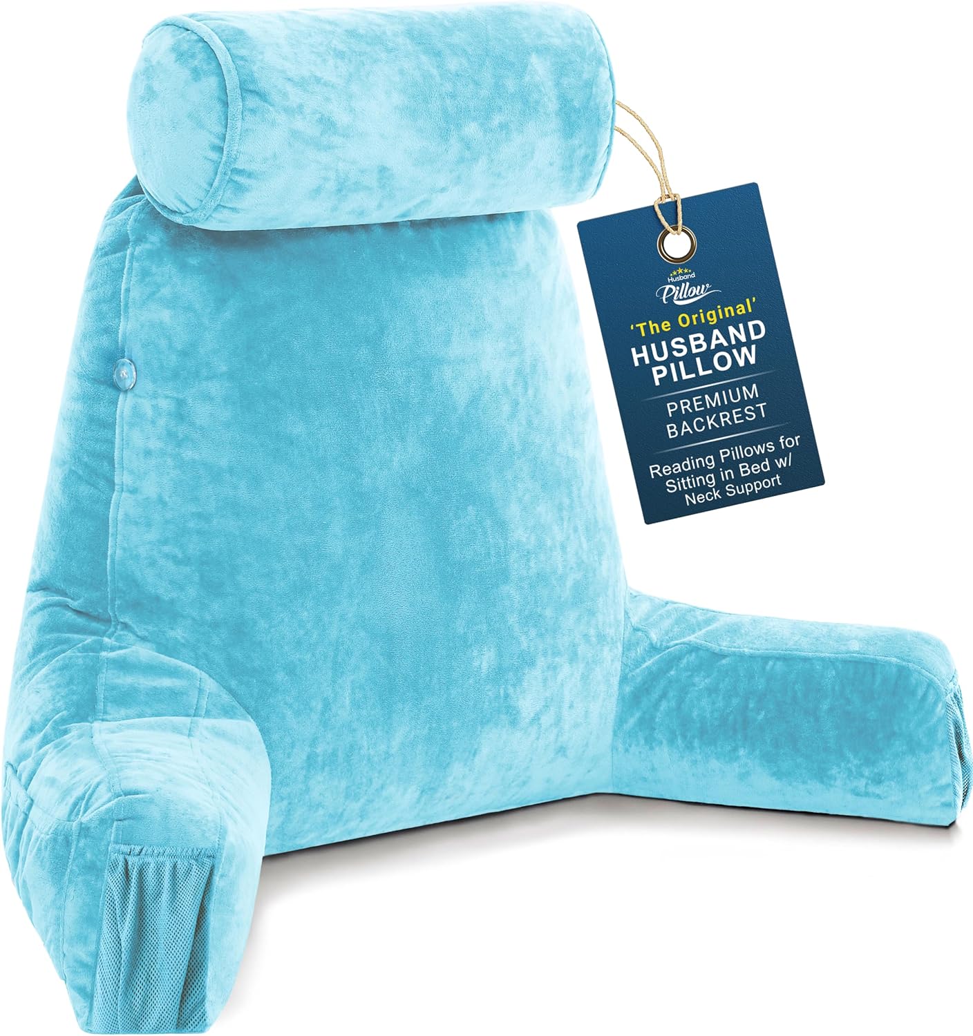 Husband Pillow Medium Reading Pillow with Arms - 23" Backrest for Sitting Up in Bed - Firm Support Bed Rest Pillow for Adults, Neck Roll, Removable Cover - TV, Reading, Lounging - Black