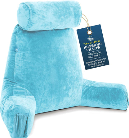 Husband Pillow Medium Reading Pillow with Arms - 23" Backrest for Sitting Up in Bed - Firm Support Bed Rest Pillow for Adults, Neck Roll, Removable Cover - TV, Reading, Lounging - Black