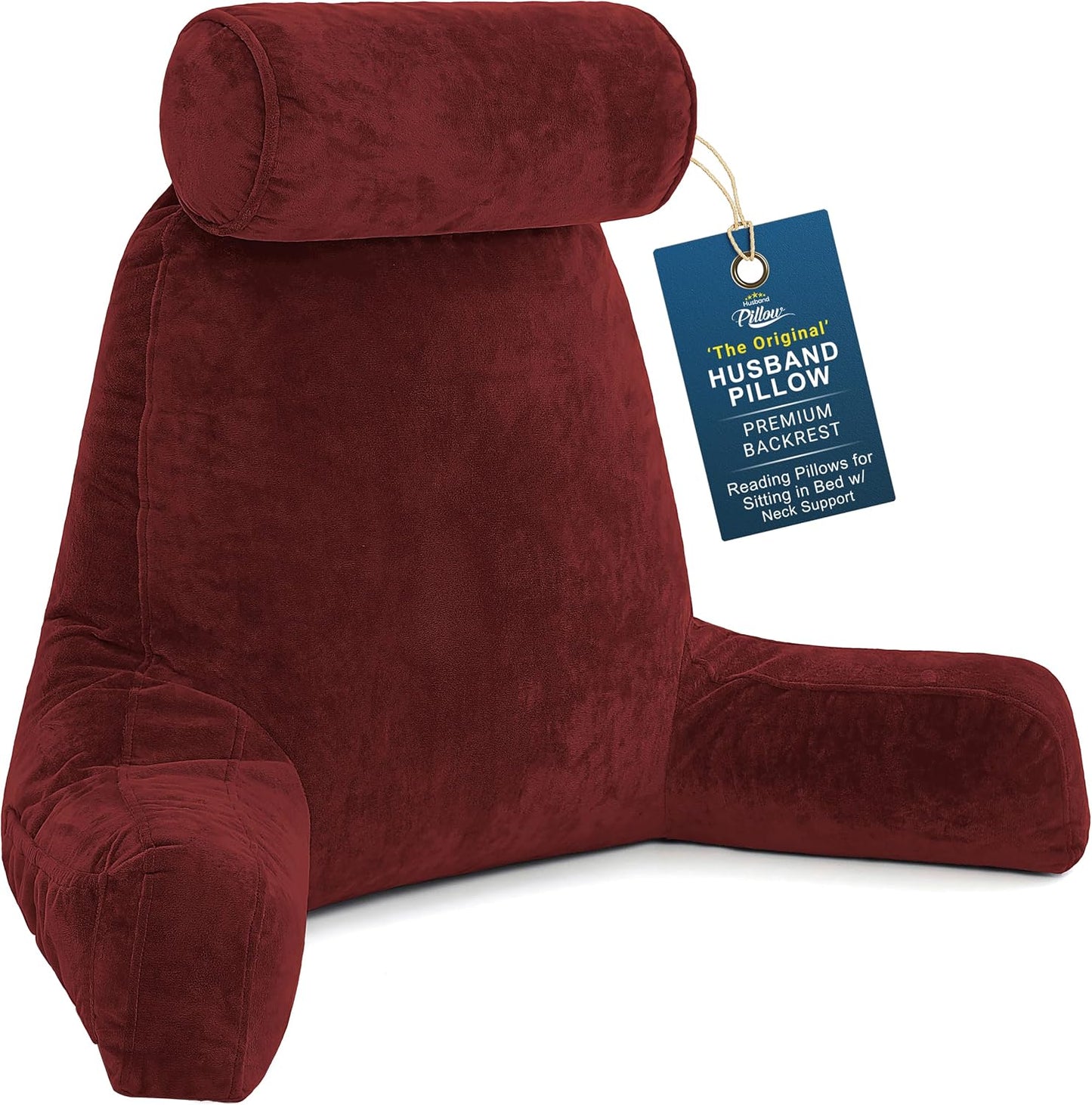 Husband Pillow Medium Reading Pillow with Arms - 23" Backrest for Sitting Up in Bed - Firm Support Bed Rest Pillow for Adults, Neck Roll, Removable Cover - TV, Reading, Lounging - Black