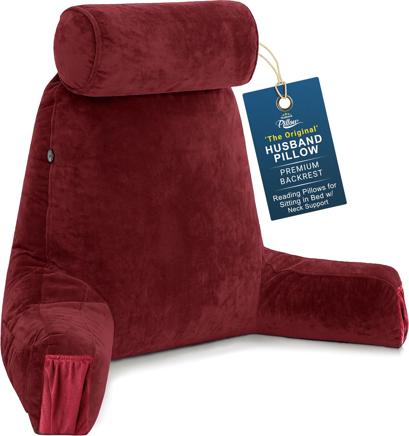 Husband Pillow Medium Reading Pillow with Arms - 23" Backrest for Sitting Up in Bed - Firm Support Bed Rest Pillow for Adults, Neck Roll, Removable Cover - TV, Reading, Lounging - Black