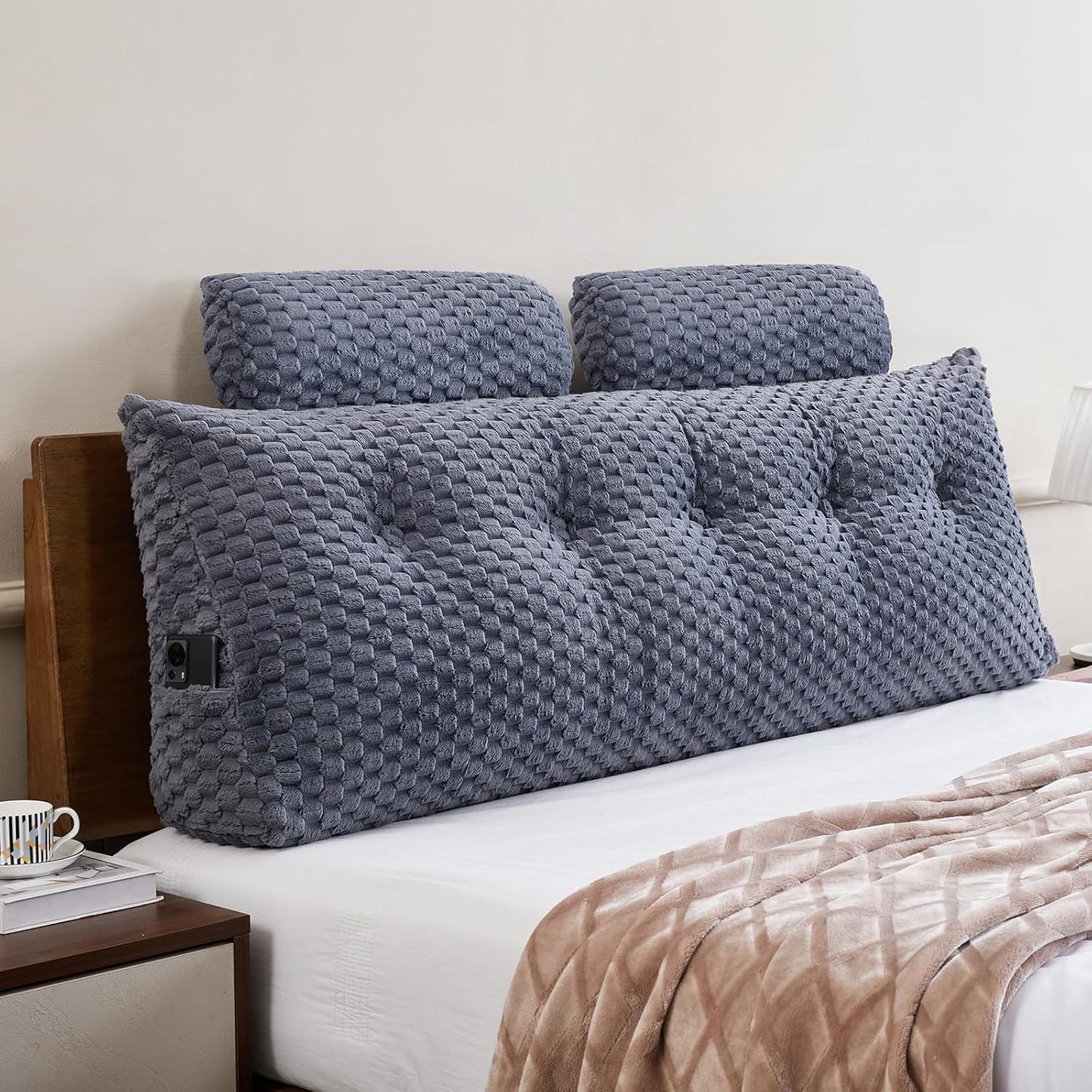 Melhany Queen Size Wedge Headboard Pillow Set with 2 Roll Pillows, Velvet Back Support Reading Pillow with Removable Washable Cover