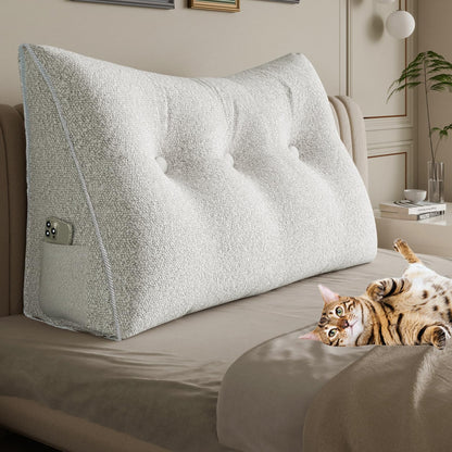 Melhany Queen Size Wedge Headboard Pillow with Side Pockets, Velvet Back Support Reading Pillow with Removable Washable Cover