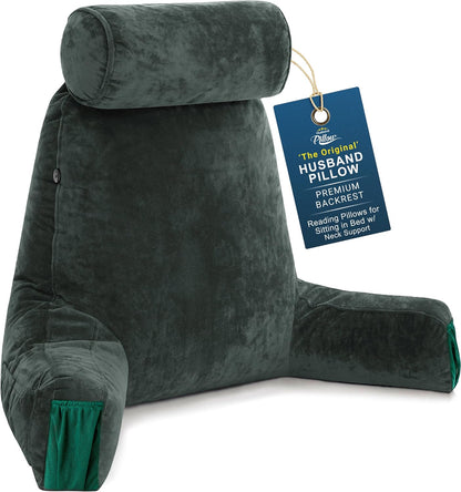 Husband Pillow Medium Reading Pillow with Arms - 23" Backrest for Sitting Up in Bed - Firm Support Bed Rest Pillow for Adults, Neck Roll, Removable Cover - TV, Reading, Lounging - Black