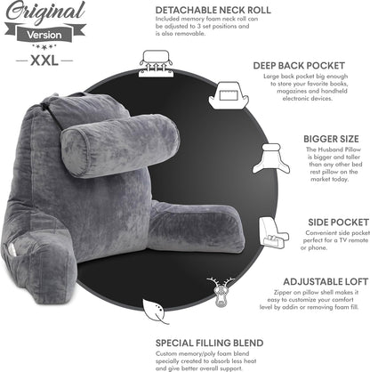 Melhany XX-Large Reading Pillow with Arms and Neck Roll, Shredded Memory Foam Bed Rest Pillow with Removable Cover and Side Pockets, Grey