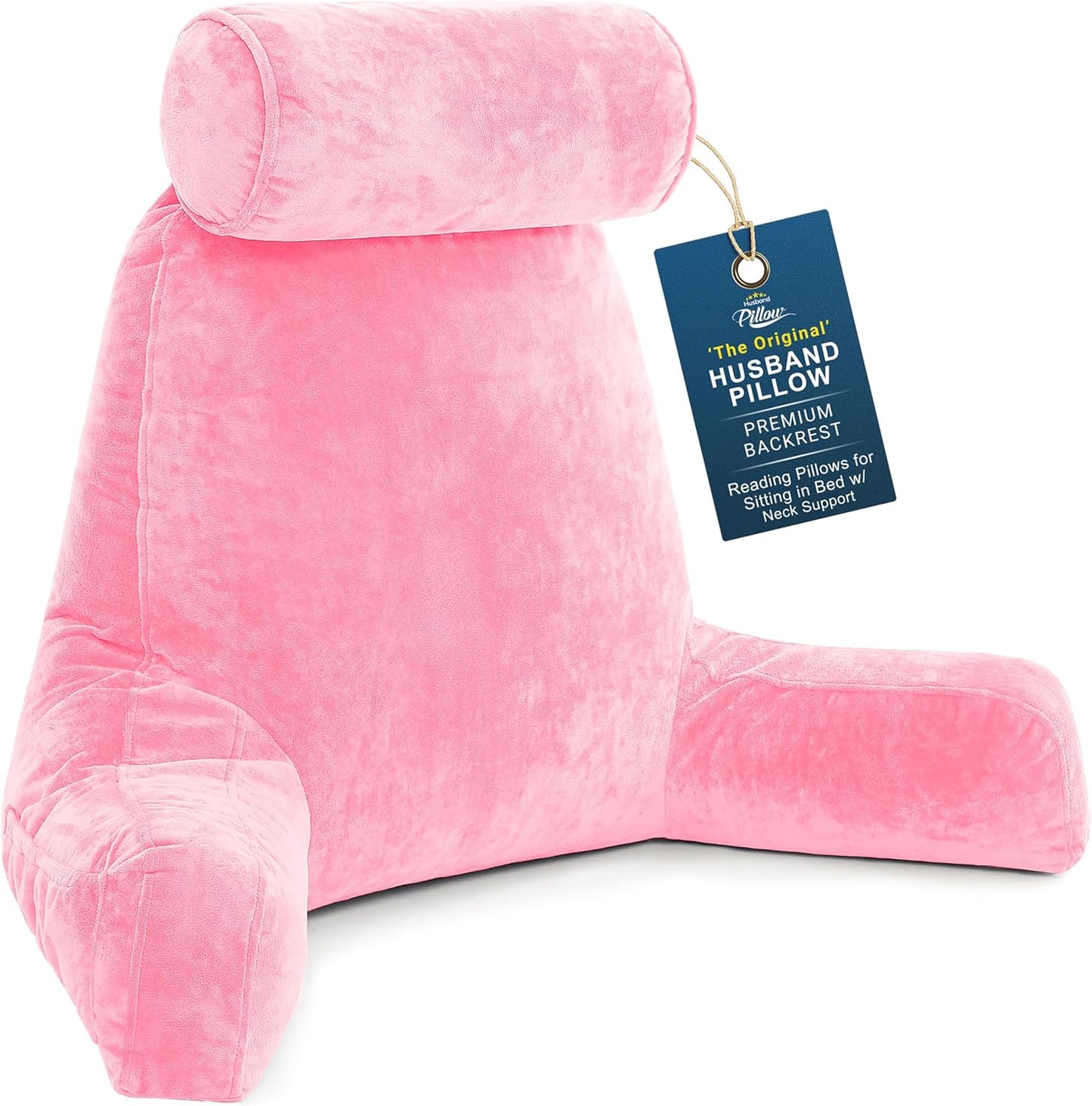 Husband Pillow Medium Reading Pillow with Arms - 23" Backrest for Sitting Up in Bed - Firm Support Bed Rest Pillow for Adults, Neck Roll, Removable Cover - TV, Reading, Lounging - Black