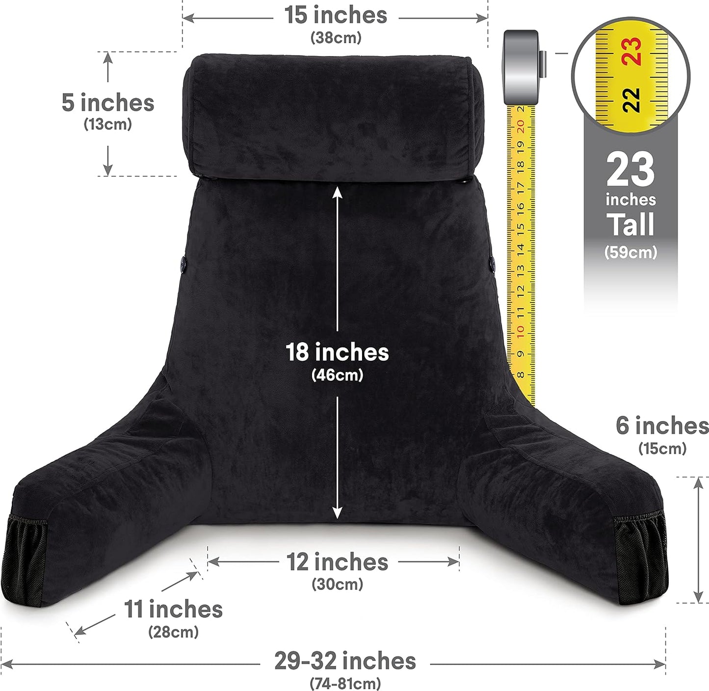 Husband Pillow Medium Reading Pillow with Arms - 23" Backrest for Sitting Up in Bed - Firm Support Bed Rest Pillow for Adults, Neck Roll, Removable Cover - TV, Reading, Lounging - Black